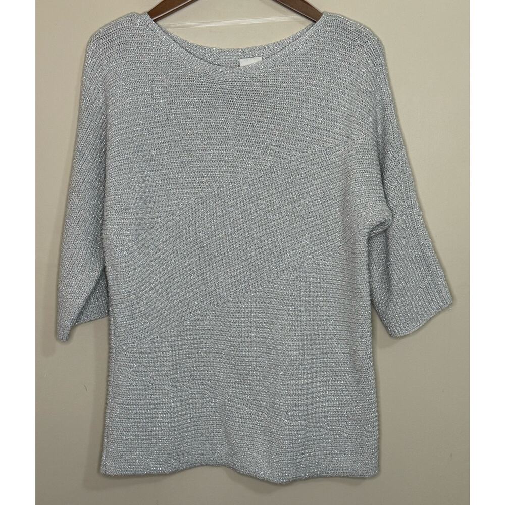 Chico's Pullover Sweater Size 3 XL 16 Silver Half Sleeve Shimmery Party Holiday